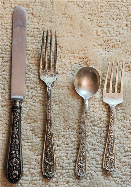 Kirk Steiff "Corsage"  Sterling Silver Child and Youth Flatware Sets - Child Spoon and Fork, Youth Knife and Fork - Monogrammed and Engraved "Tim"