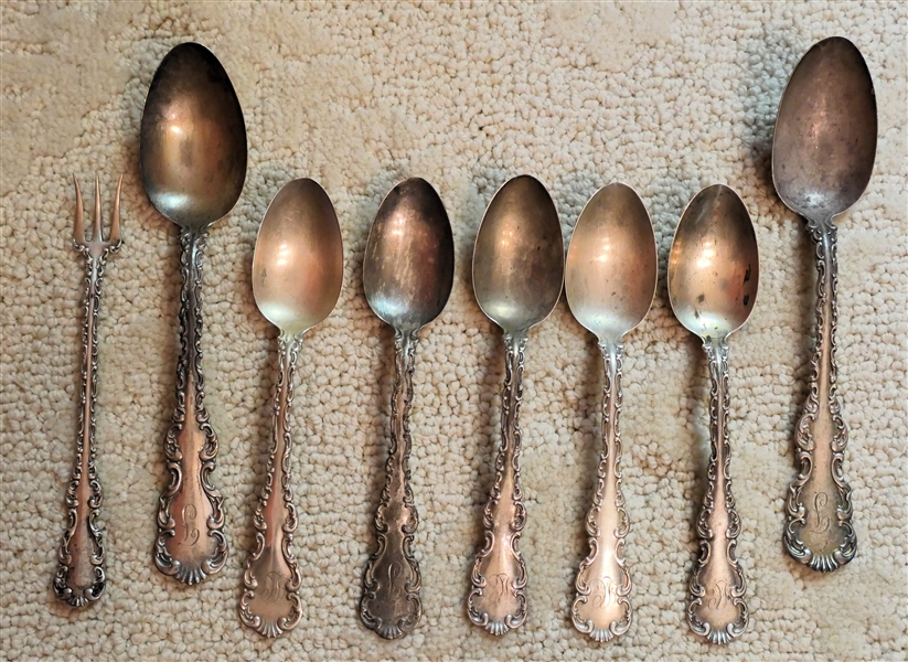 8 Pieces of Sterling Silver - 7 Spoons and 1 Pickle Fork - All Monogrammed