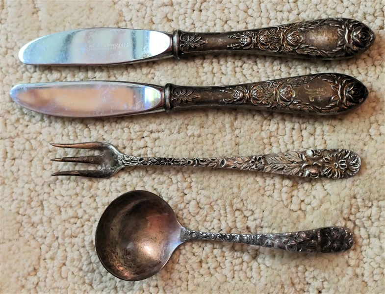 4 Pieces of Sterling Silver Flatware - Baltimore Rose Small Ladle, Sterling Pickle Fork J.S. Mac Donald Co. and 2 Silver Handled Butter Knives "W" Monogram - Ladle Measures 4" 