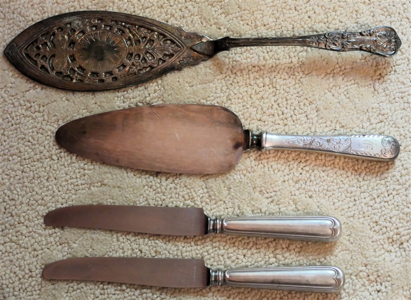 Silverplate Fish Knife, Steiff Sterling Handled Pastry Server, and 2 Dinner Knives -Un Marked - Monogrammed "D"