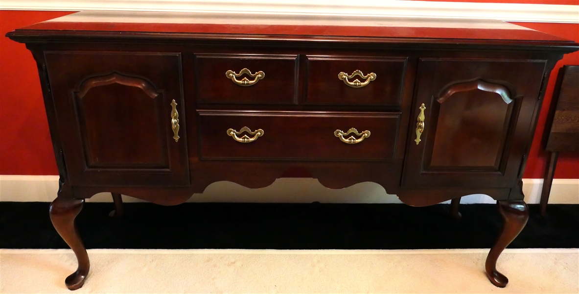 Thomasville Furniture Mahogany Finish Sideboard - Queen Anne Style Feet - 3 Drawers Flanked by 2 Cabinets - Brass Hardware- Measures 33" Tall 60" by 18" 