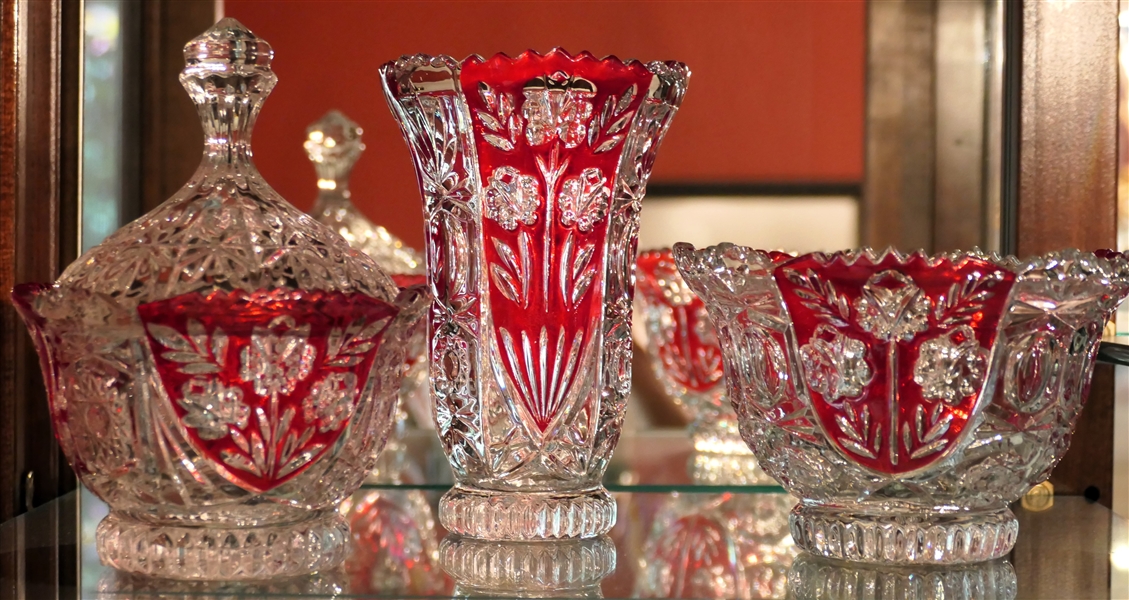 3 Pieces of Fifth Avenue Crystal -  Ruby Flash Crystal - Vase, Bowl, and Covered Candy Dish - Bowl Measures 4" Tall 6" Across - Vase and Candy Dish Have Original Stickers