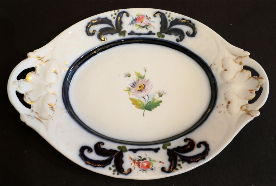 Ironstone Transferware Double Handled Oval Platter with Hand Painted Flowers - Platter Measures 12" by 9" 