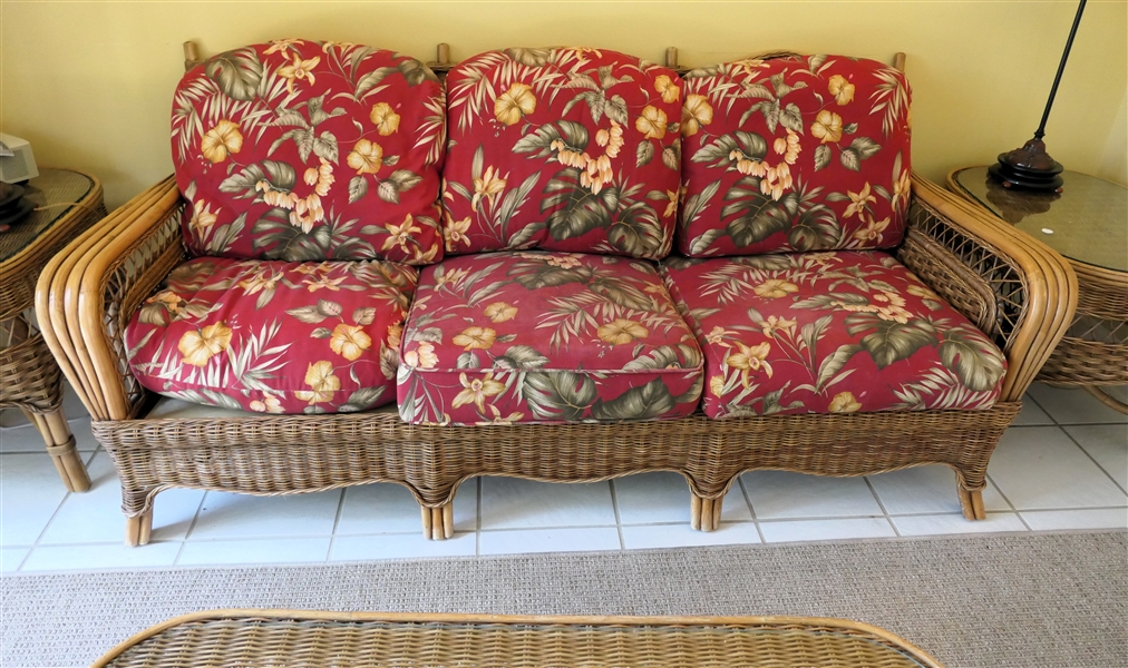 Nice Wicker Sofa, Glass Top End Tables, and Glass Top Coffee Table - Furniture Only No Accessories - Sofa Measures 79" Long - End Tables Measure 23" Tall 27" by 20"