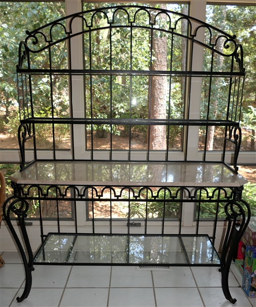 Marble is Cracked Very Nice Iron Bakers Rack with Stone Top and Glass Shelves - Measures 75" tall 56" by 21"