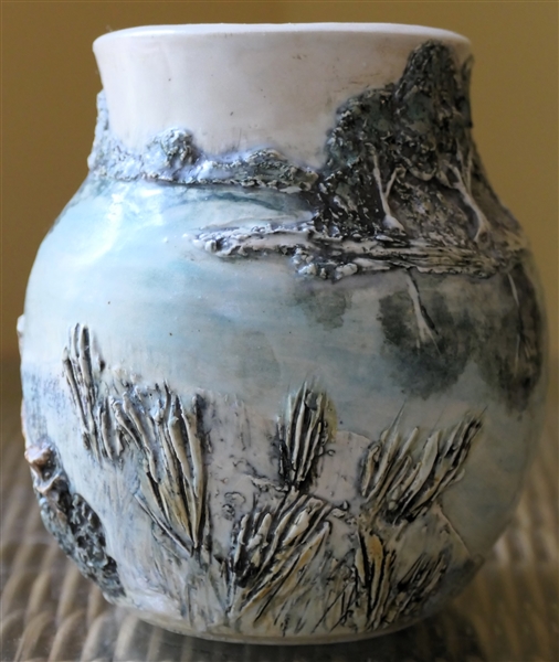 Hog Hill North Carolina Art Pottery Scenic Vase with Trees and Boat - Vase Measures 5 1/2" tall 