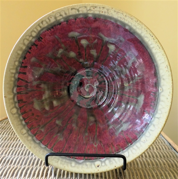 Pretty North Carolina Art Pottery Bowl with Red and Greenish Glaze - Measures 12" Across