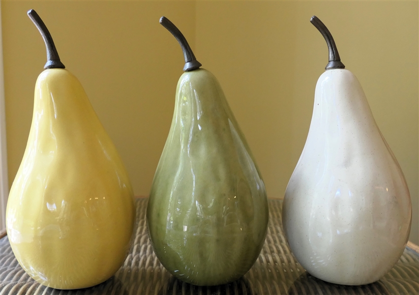 3 Ceramic Pears - Green, White, and Yellow - Measuring 8" Tall 