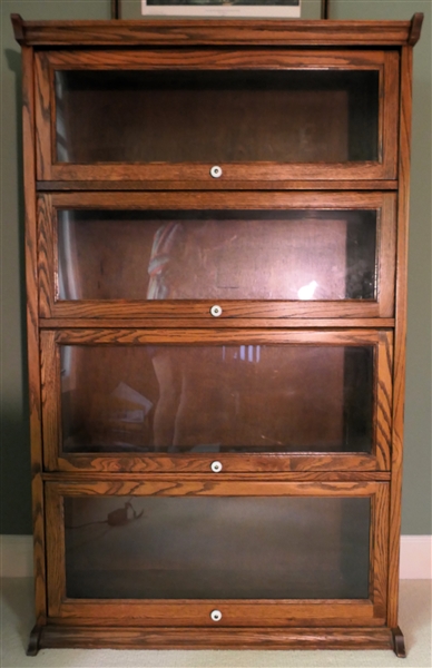 Oak Barrister Style Book Case - 4 Sections with Glass Doors - Porcelain Knobs - Measures 58 1/2" Tall 36" By 14"