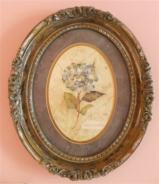 Hydrangea Print in Fancy Oval Frame - Frame Measures 17" by 14 1/2"