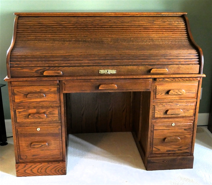 Oak Winners Only "S" Roll Top Desk with File Drawers, Pull Out Writing Trays, and Divided Interior - Desk Measures 45 1/2" tall 54" by 29" 