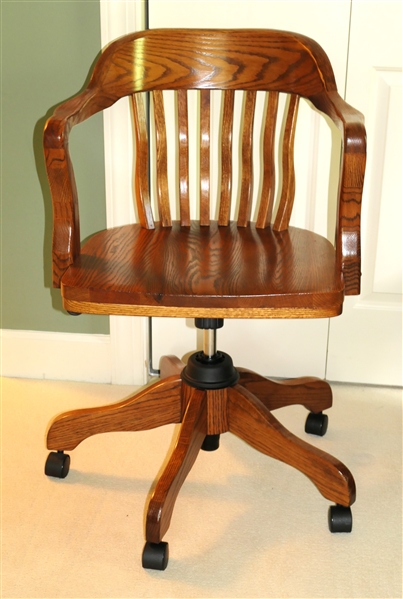 Solid Oak "Winners Only" Rolling Desk Chair - Adjustable Height - Curved Back 