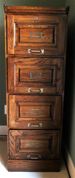 Nice Solid Oak Filing Cabinet with 4 File Drawers - Paneled Drawer Fronts and Sides - Measures 54" tall 18 1/2" by 25 1/2"