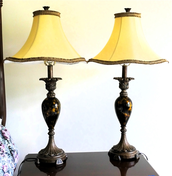 Pair of Decorator Table Lamps with Marbleized Centers - Each Lamp Measures 21" To Bulb