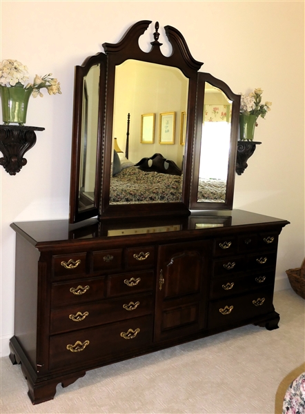 Large Thomasville Furniture Cherry Finish Dresser with Broken Arch Tri Fold Mirror -Dresser Base Has 8 Drawers and Center Cabinet - Measures 32" Tall 72" by 20" 