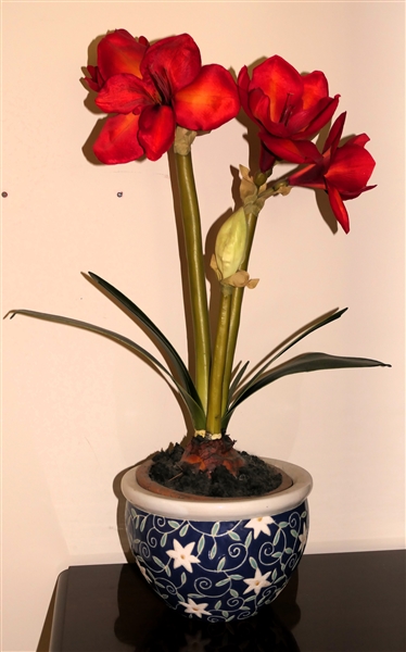 Faux Amaryllis Flower in Blue and White Ceramic Planter - Arrangement Measures 28" Tall