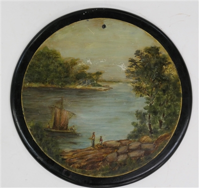 Painting on Slate of People Fishing and Boat - Self Framed - Slate Measures 14 1/4" Across