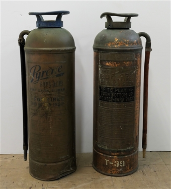 2 Antique Copper Fire Extinguishers - Pyrene Soda Acid and "The Buffalo Fire Extinguisher" 