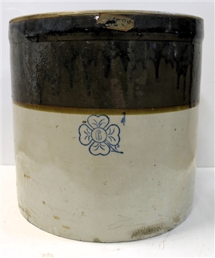 6 Gallon Brown and White Crock with Blue Clover Leaf - Measures 12 1/2" Tall 12 1/2" Across