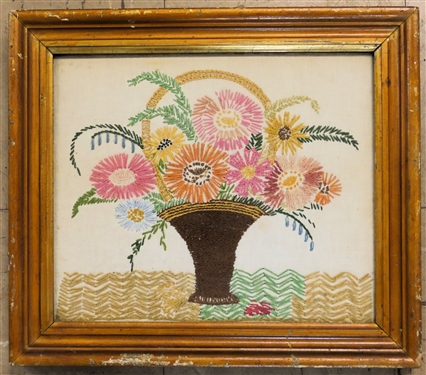 Hand Stitched Needle Work Basket of Flowers - Framed - Frame Measures 12 1/2" by 14 1/2"