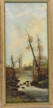 19th Century Landscape Oil on Canvas Painting - Stream with Rock and Trees - Painting Has Been Repaired - Frame Measures 22 1/2" by 10 1/2" 