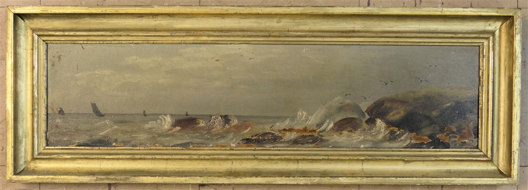 19th Century Ocean Scene Oil on Board Painting with Waves and Ships - Framed in Gold Gilt Frame - Frame Measures 9 3/4" by 28" 