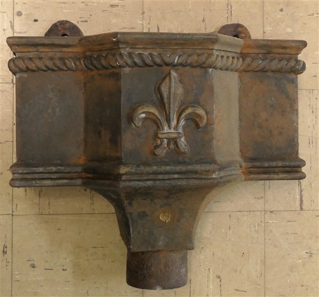 Fancy Cast Iron Rainwater Hopper with Fleur De Lis in Center and Rope Details  - Measures 16" by 18" by 7 1/2" 