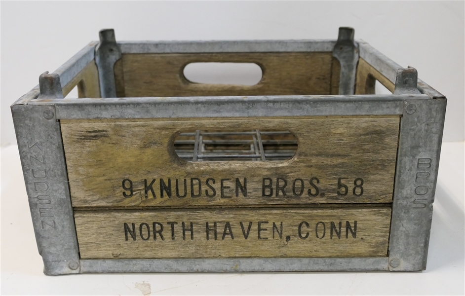 9 Knudsen Bros. 58 - North Haven, Conn. Milk Crate - Wood and Galvanized Metal - Holds 20 Bottles - Measures 7" tall 15" by 12" 