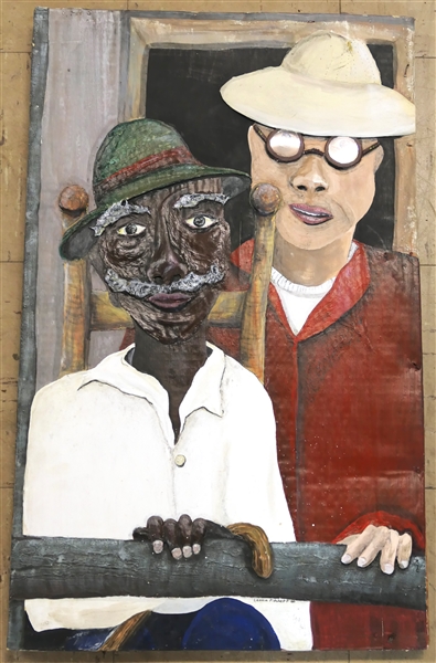 Lessie Fitchett Folk Art  Painting on Cardboard - Dated 1980 - 2 Gentleman with 3 Dimensional Details - Noses, Fingers, Glasses, Chair, and Cane - Art Measures 26" by 15 1/2"