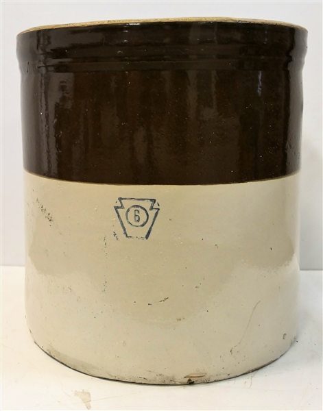 6 Gallon Brown and White Crock with Blue Shield 