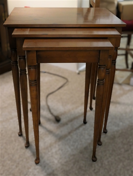 Set of 3 Pine Nesting Tables with Turned Legs - Dainty Queen Anne Feet - Largest Table Measures 24" Tall 21" by 17" 