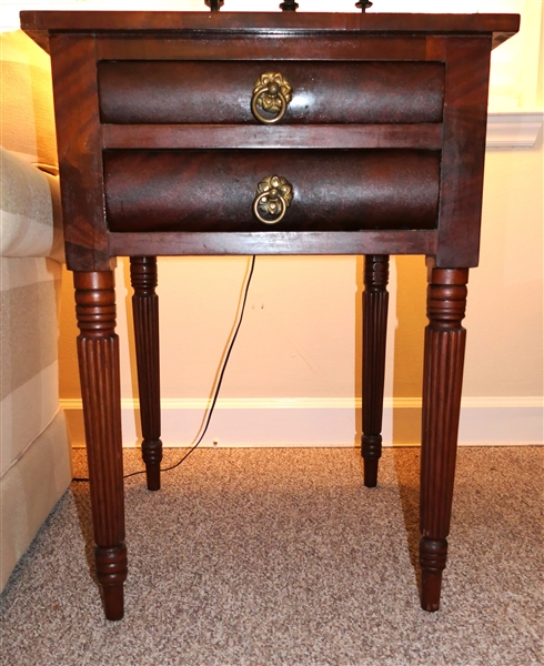 Empire Period Flame Mahogany  End Table with 2 Drawers - Reeded Legs - Brass Pulls - Finely Hand Dovetailed Drawers - Table Measures - 28" Tall 20 1/4" by 19 1/2" Area of Discoloration on Top 