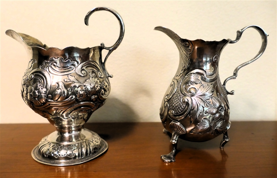 2 Hallmarked British Sterling Silver Creamers -Both Hand Engraved and Hand Chased - 3 Footed Measures 3 3/4" Tall - One Foot is Broken, Other Creamer Measures 3 1/2" Tall 