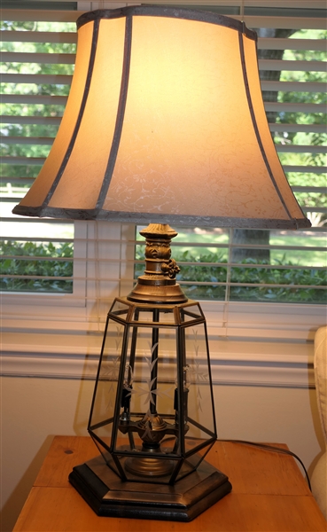 Unusual Leaded Glass Lamp with 3 Lights - Etched Glass Panels - Brass Eagle Finial- Lamp Measures 27" Tall 