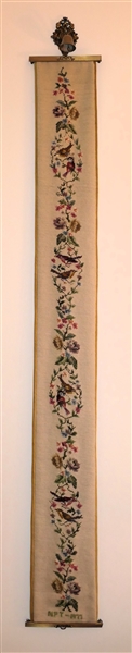 Hand Embroidered Bell Pull by NPT - 1977 - Brass Mounted with Bell on Top - Embroidered Birds and Flowers - Measures 64" by 8"