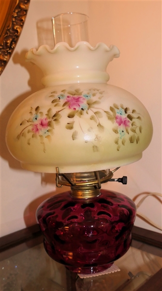 Cranberry Coin Spot Oil Lamp with Hand Painted Shade - Lamp Has Been Electrified - NOT DRILLED - Shade Has Been Repaired - Lamp Measures 12" Not Including Chimney 