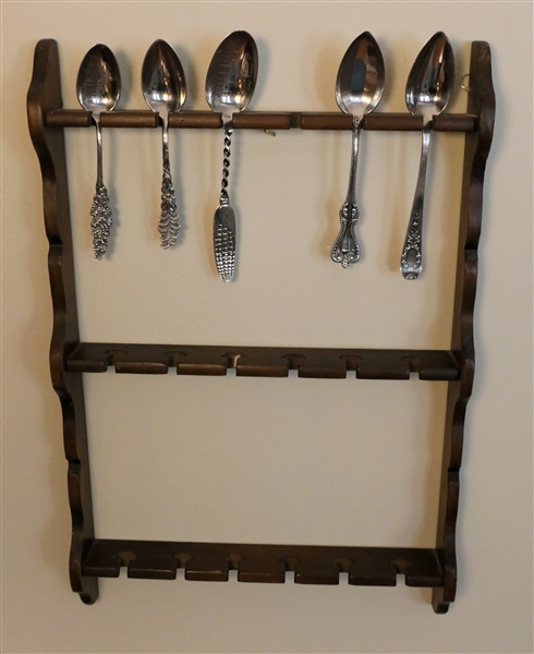 Wooden Spoon Rack with 5 Sterling Silver Spoons including 1891 Sioux City with Corn Handle, St Marks with Floral Handle, 