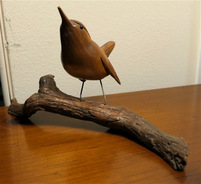 Hand Carved Wooden Bird on Wood Branch - Bird Measures 3" Tall 4" Beak to Tail - On Branch Measures 4 1/2" Tall