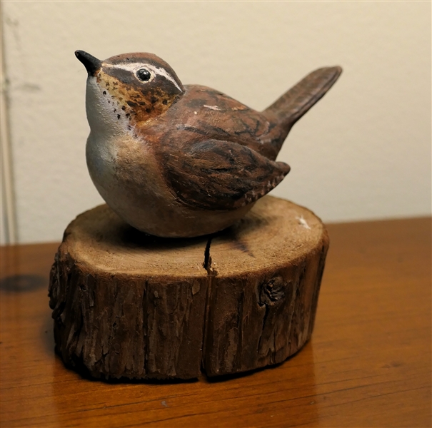 Hand Carved and Hand Painted Wooden Bird - Signed on Bottom - R.B. Phelps 3/87 for NMT - Measures 4" Tall 4" Beak to Tail 