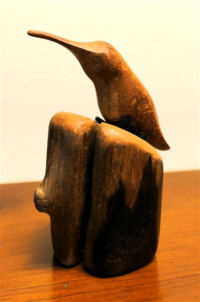 Hand Carved Wooden Hummingbird on Wood Stand by I. Grantis, Lake St. Peter - ONT. Canada - Measures 4 1/2"T all 