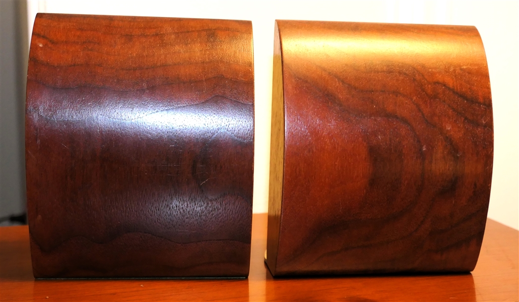 Pair of Mid Century Modern Wood Bookends - Thick Bowed Wood on Metal Bases - Each Measures 6" tall 