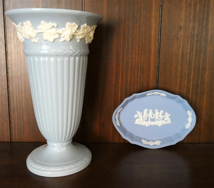 Wedgwood - Embossed Queens Ware  - Blue and White Vase and Blue and White Jasperware Dish - Vase Measures 6 1/2" Tall