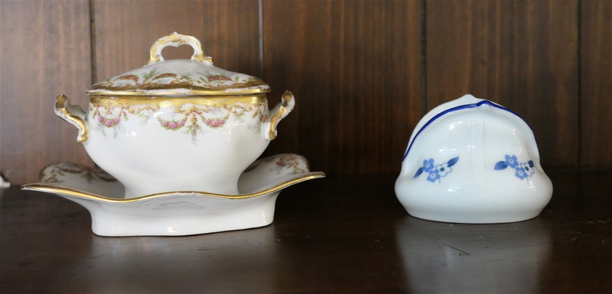 B&H Limoges France Miniature Tureen and Limoges France Blue and White Miniature Vase - Tureen Measures 3" tall 5" Across - Vase Measures 2 1/2" Tall 