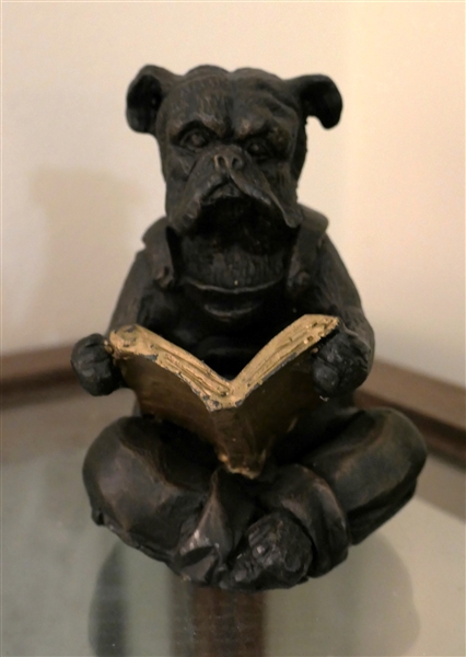 Cast Metal Reading Bull Dog Statue - Dog Wearing Overalls Reading A Book - Statue Measures 4 1/2" Tall