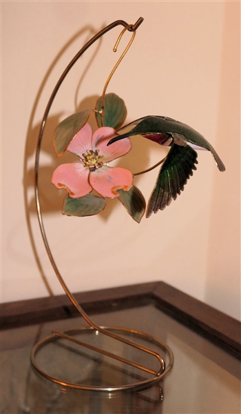 Very Pretty Enameled Hummingbird with Dogwood Flower on Brass Stand - Bird and Flower Measure 4" by 5" 