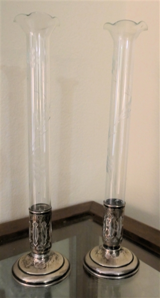 Pair of Floral Etched Bud Vases with Sterling Silver Weighted Bases - Each Vase Measures 8 1/2" Tall 