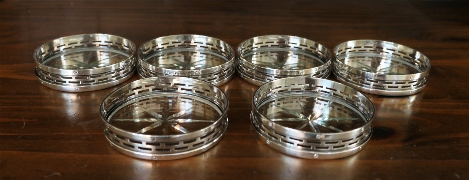 Set of 6 Nice Silver Tone and Glass Coasters