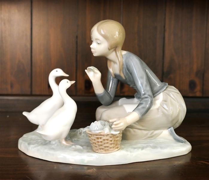 Lladro "Girl Feeding Ducks" Figure - Measures 7 1/2" Tall 9" Across