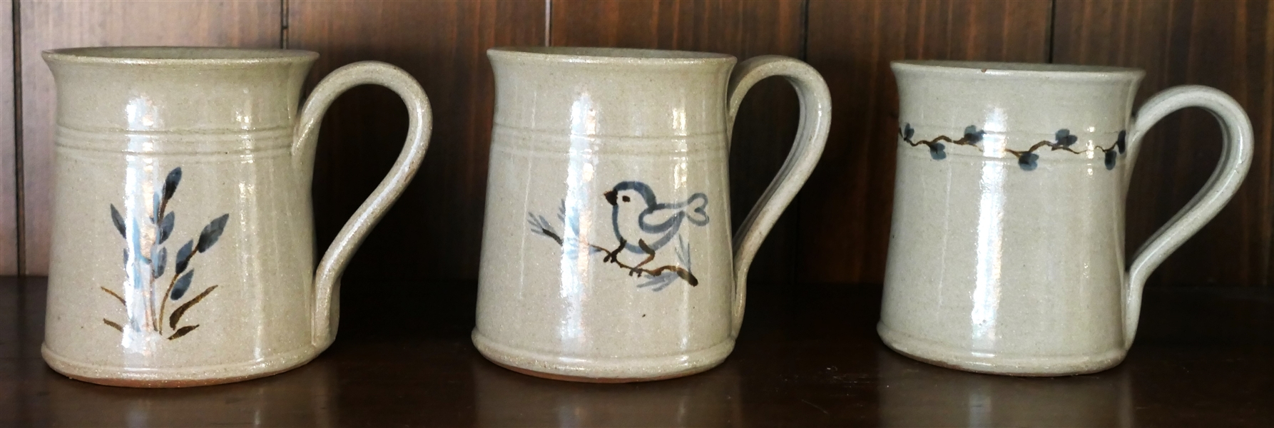 3 Jugtown Pottery Mugs - Seagrove, NC Art Pottery - One with Bird and 2 with Flowers