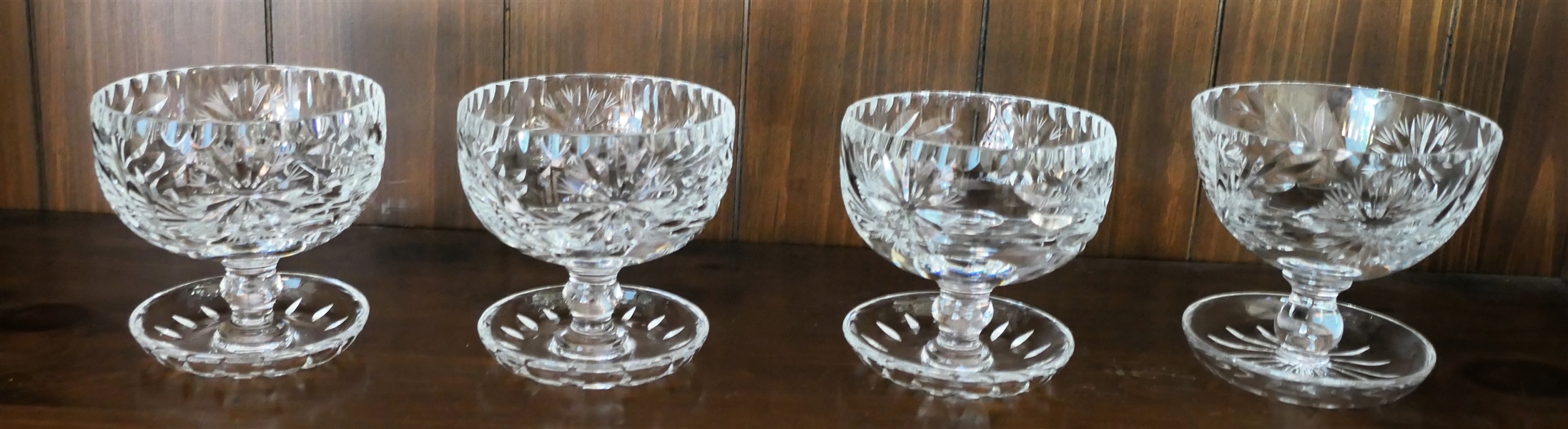 4 Crystal Sherbets / Shrimp Cocktails -  Flower and Leaf Motif - Cupped Bases - Each Measures 3 1/2" Tall 3 1/2" Across